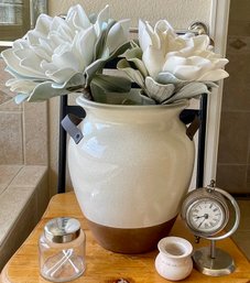 Ceramic And Metal Vase With Faux Paper Flowers, Silver Tone Table Clock, Carved Stone Vase & Jar