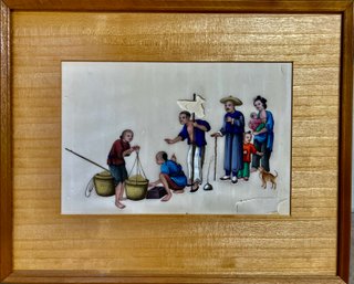 Antique Chinese Gouache Peasant Life Painting With Wood Frame (no Glass As Is)