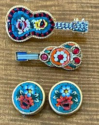 Vintage Micro Mosaic Italy Two Guitar Pins (one As Is)  And Micro Mosaic Earrings