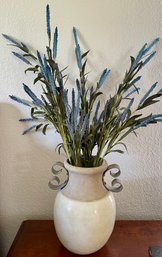 Pier 1 Pottery And Metal Handle Vase With Faux Flowers