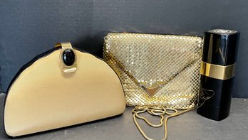 Chanel Perfume Bottle, Gold Mesh Purse, And A Victor ACosta Evening Bag With Black Cord Handle