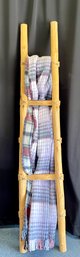 Vintage Hand Made Solid Wood Log Ladder With Raw Hide Ties And Checkered Blanket