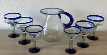 Hand Blown Cobalt And Clear Art Glass Margarita And Martini Set With Picture From Mexico