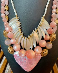 Vintage Mother Of Pearl Bead & Gold Tone Ball Necklace - Pink Shell & Rose Quartz Bead Necklace & Earrings