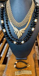 4 Necklaces- Napier Gold Tone & Enamel Leaf- Napier Black Bead - Mesh Bracelet & Necklace - Black Glass Bead