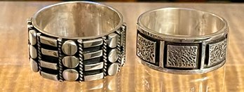 2 Sterling Silver Band Rings - Triangle Pattern Size 9 & Tribal Size 8 - Weight 14.3 Grams