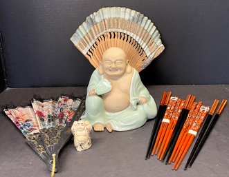 Celadon Mid Century  Buddha, Decorative Chop Sticks, Wood And Paper Swan Pan, Plastic Fan, Resin Buddha
