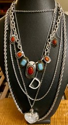 Silver Tone Twist Rope Necklaces- Blue & Red Necklace W Matching Earrings - Heart Pendant W Crystals - Initial