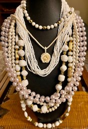Vintage Necklaces - Faux Pearl - Seed Bead - Carved Bone Rose - Gold & White Bead