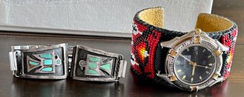 Men's Fossil Watch W/ Leather & Seed Bead Band, Sterling Silver Peyote Bird Lug Set W/ Silver Tone Seiko Band