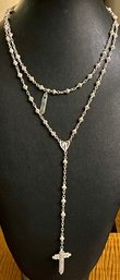 Sterling Silver Wire Wrap Rosary 32 Inch Necklace With 5 Inch Drop Cross Indonesia - Total Weight 20.9 Grams