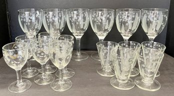 Assorted Frosted Lily Of The Valley Clear Wine Glasses, Cordials, Sherry Glasses