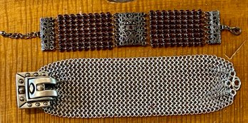 (2) Vintage 7 Inch Bracelets - Garnet Multi Strand And Silver Tone Mesh With Mother Of Pearl Bead