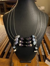 Vintage Wire And Polished Stone Bead Three Strand 18 Inch Necklace & Matching Earrings