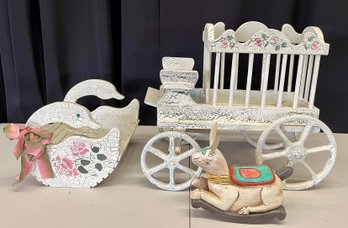 Vintage Wood Hand Painted Carriage And Matching Goose Magazine Rack, Wood Bunny Rocker