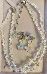 Vintage 1960's Aurora Borealis Crystal Double Strand 16 Inch Necklace And Matching Earrings