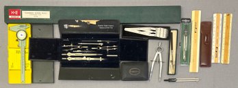 Vintage Drafting And Measuring Lot - Technical Supply Co. Drafting Kit, Space Divider, Slide Rulers, And More