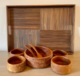 Vintage Genuine Teak Salad Bowl Set W/ Large Bamboo Handled Serving Tray