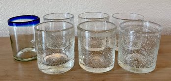 6 Mexico Hand Blown Bubble Rocks Glasses And 1 Cobalt Rocks Glass