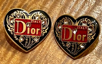 2 Vintage Christian Dior Red & Gold Rhinestone Heart Buttons