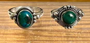 2 Sterling Silver And Malachite Rings - Round & Oval Cabochon's - Both Size 6 - Weight 9.9 Grams