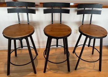 3 Industrial Metal And Pine Wood Seat Bar Stools Adjustable