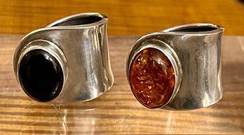 2 Sterling Silver Wrap Rings - (1) Balkan Amber Cabochon & (1) Black Onyx - Both Size 8 - Weight 19 Grams