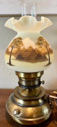 Fenton Hand Painted Burmese Ruffled Lamp Shade W Hammered Brass Electric Oil Lamp & Hurricane Globe Works