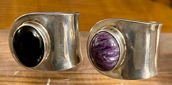 2 Sterling Silver Wrap Rings Bali (1) Charoite & (1) Black Onyx Cabochon - Size 6.5 - Weight 17.5 Grams