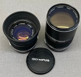 (2) Vintage Olympus Camera Lenses - Om System 135mm, 50mm With Lens Covers