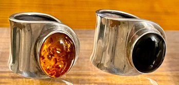 2 Sterling Silver Wrap Rings Bali (2) Balkan Amber & (1) Onyx Cabochon - Size 8 - Weight 18.9 Grams