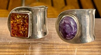 2 Sterling Silver Wrap Rings Bali  (1) Charoite & (2) Balkan Amber Size 7 - Weight 17.8 Grams