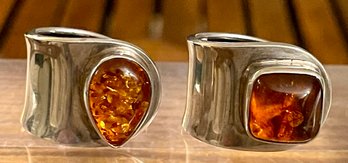 2 Sterling Silver Wrap Rings Bali - Balkan Amber - (1) Oval And (1) Square - Size 6 - Weight 13.5 Grams