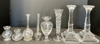 Crystal And Etched Glass Candle Holders And Bud Vases