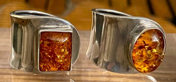 2 Sterling Silver Wrap Rings - Balkan Amber Oval & Square Cabochons - Size 11-5 & 13 - Weight 19.9 Grams