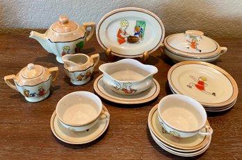 Antique Little Orphan Annie Luster Ware Tea  Set - Gravy Boat - Platter - Casserole
