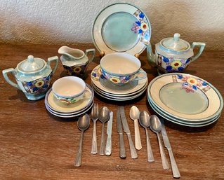 Vintage Japan Lusterware Floral Miniature Tea Set - Teapot - Cream - Sugar - Plates - Cups - Metal Silverware