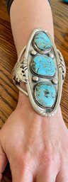Unprecedented Julie Lamn Navajo Sterling Silver & Massive  3  Stone Turquoise Cuff Bracelet 222 Grams -6' Long