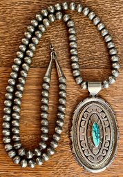 Stunning Jonathan Nez Navajo Sterling Silver & Turquoise Pendant W 30 Inch Hand Stamped Bench Beads 118 Grams