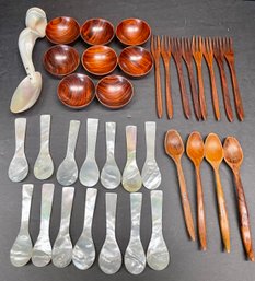 Miniature Teak Bowl Fork And Spoon Set, Mother Of Pearl Antique Spoons