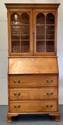 Mid Century Colonial Style Maple 3 Drawer Secretary Desk With Glass Front