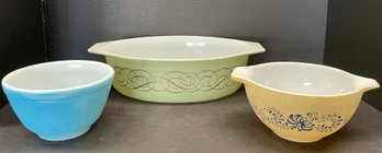(3) Vintage Pyrex Bowls - Sage Green And Gold, Blue, Homestead Cinderella