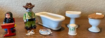 Porcelain Doll House Bathroom Set - Tub - Toilet - Sink - Metal Amish Doll, Pottery Doll & Crystal Animals