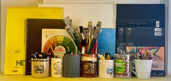 Artist Lot - Blank Canvases, Sketch Pads, Paint Brushes, Pencils, Markers, And Cannisters