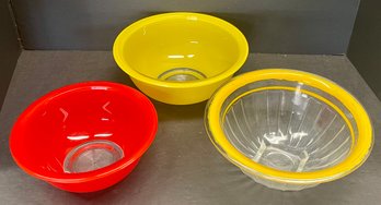 Vintage Pyrex Red And Yellow Serving Mixing Bowls With Clear Bottoms, Antique Yellow Rimmed Mixing Bowl
