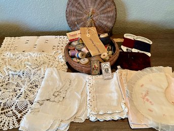 Antique Wicker Sewing Box With Needles, Thread, Wool Yard, Crochet Doilies. Baby Clothes (as Is)