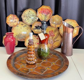 Home Decor - Studio Pottery Vase, Metal Pitcher, Metal Wall Hanging, Wood Tray, Villa Vacci Decorative Bottle