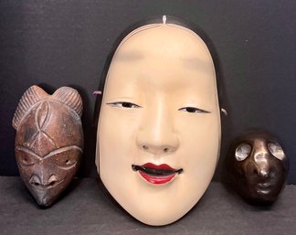 Noh Mask Of A Japanese Woman Artist Signed On Back , African Pottery Tribal Mask, And Pottery Face