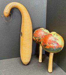 Hand Made 1952 Quido Guiro Gourd And 2 Vintage Puerto Rico Hand Painted Maracas