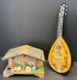 Vintage Made In Switzerland Wood Music Box Works, TR Made In Italy Meta Wood Inlay And Plastic Mandolin